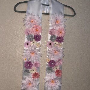 White Satin Floral Graduation Stole with Pink & Purple Flowers